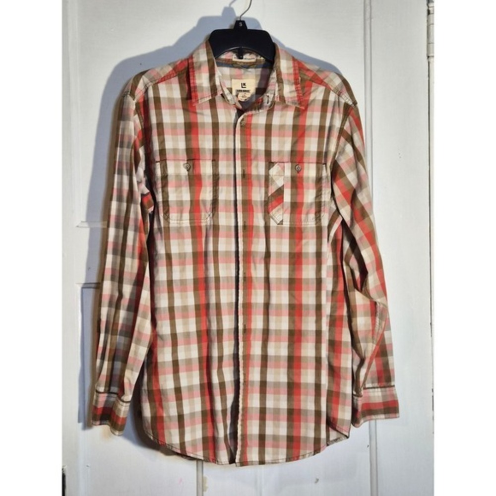 Life Khaki by Haggar Mens Plaid Button Down Shirt Medium Orange Tan Regular Fit - Picture 2 of 8